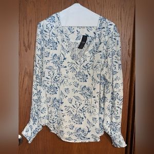 Size L‎ Lucky Brand Top Womens Blue Floral Print Long Sleeve Smocked Cuff Casual